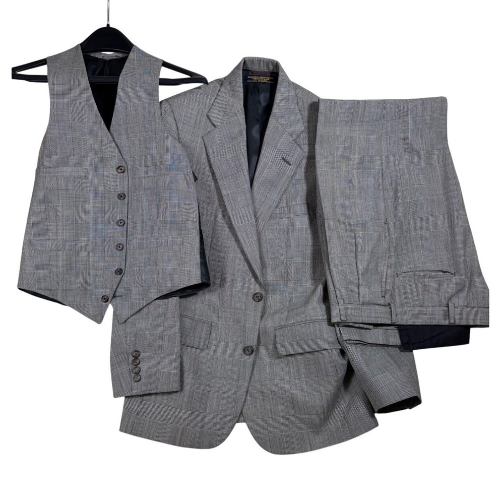 Brooks Brothers Mens 3 Piece Suit 34R Grey Glen Plaid Blazer Vest Pant 31x31 USA